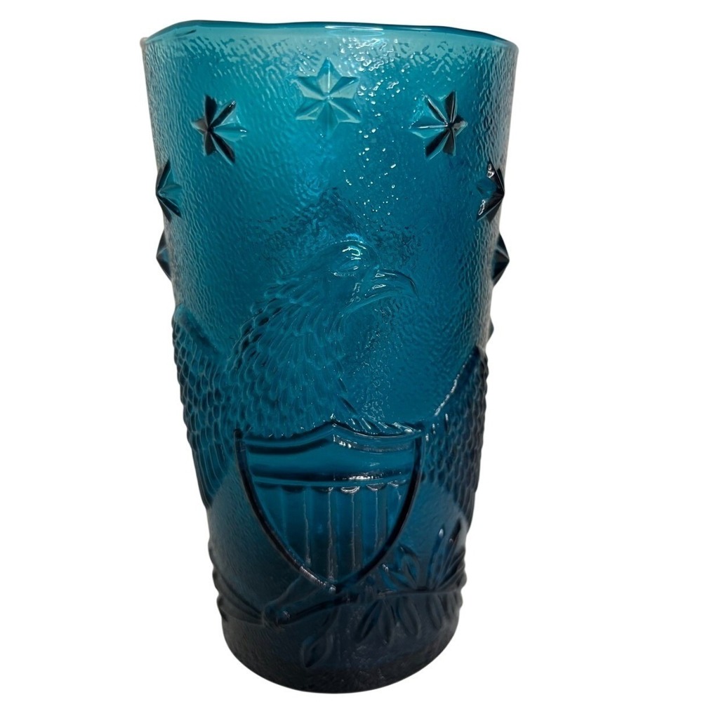 VTG Italian Teal Highball Glass Glass Eagle Shield Patriotic Stars Made in Italy